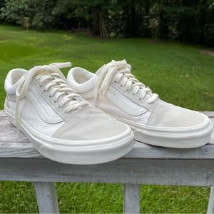 Vans Old Skool Leather and Canvas Low Top White Sneakers Size Mens 7 Womens 8.5